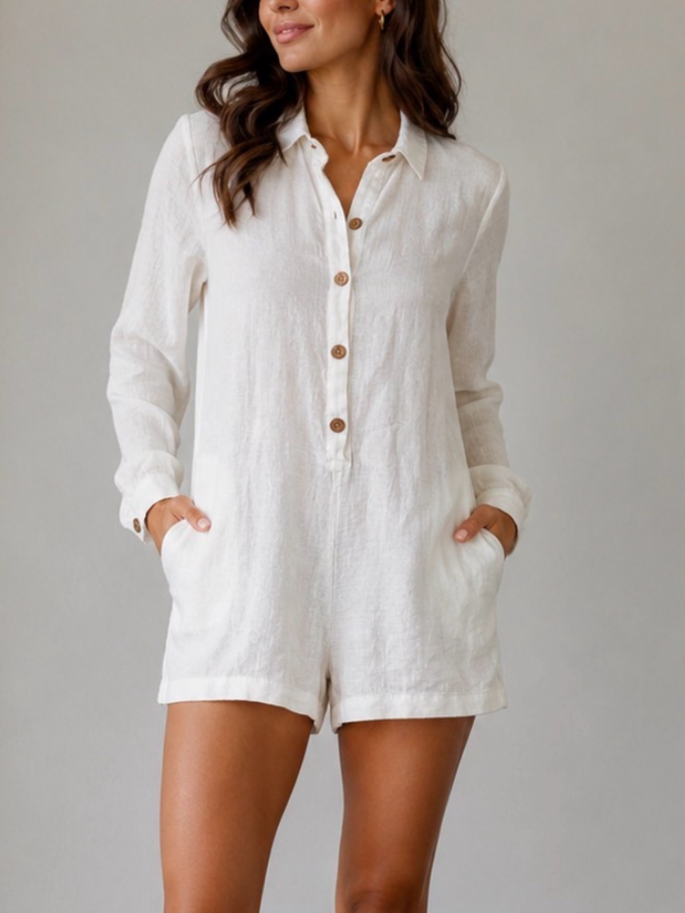 Women’s White cotton Linen Button-Front long sleeves and shorts romper